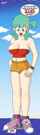 breasts drawing giantess mega color blue_eyes beach cleavage anime island jodagee green_hair watch shorts dragon_ball bulma sneakers palm_trees top hands_on_hips bare_legs bare_midriff