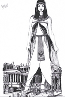 drawing giantess city monochrome black_hair buildings goddess egyptian marcos_snowbell people ancient