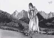 drawing giantess city monochrome marcos_snowbell village maiden looking_down mountains trees countryside medieval_clothing