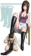 breasts drawing giantess nude color large_breasts long_hair skirt brunette brown_eyes slave boots shrunken_men amazon worship female_domination mistress sex_toys knee_high_boots enka_boot boots_worship submission
