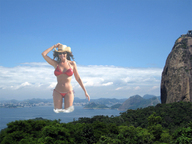 bikini giantess collage swimsuit water sunglasses clouds denise_milani trees cliff wading cowgirl_hat