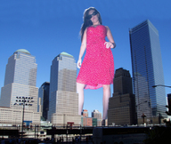giantess collage city brunette hand sunglasses people sky sunny polka_dot_dress