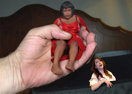 collage black_hair giant handheld dress hand shrunken_woman captured dark_skin looking_at_viewer