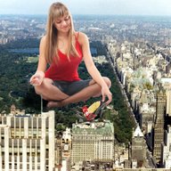 collage city mega blonde high_heels park sitting fishnets trees red_top
