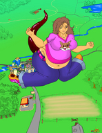 drawing giantess crush color clothed sitting town voluptuous countryside stuck_to_shoe