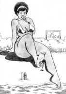 breasts drawing giantess feet mega swimsuit beach water anime foot_crush dark_skin hairband afro surfboard