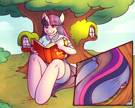 drawing giantess furry anthro dragon color butt clothed butt_crush purple_eyes tree green_hair sitting fanart thighs outdoors sheela book purple_skin my_little_pony horn twilight_sparkle scalie multicolored_hair treehouse cutaway spike_(my_little_pony)
