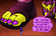 drawing giantess feet color long_hair clothed toes purple_hair purple_eyes sandals unaware shrunken_woman standing hooves world_of_warcraft jewelry toe_ring sheela earrings dialogue purple_skin source_needed draenei goblin natazii sharp_teeth purple_nails green_skin pointed_ears