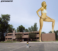 giantess collage city blonde smiling people kontaminator sunny looking_at_viewer raised_foot
