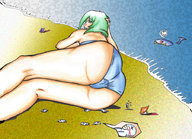 bikini drawing giantess color swimsuit beach butt_crush green_hair lying_down under_butt