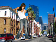giantess collage city clothed barefoot brunette shrunken_men streets vehicles looking_up looking_at_viewer