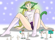 drawing giantess blonde color sitting cat_girl pantless japanese_text knee_high_socks purple_panties small_female green_fur