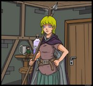 drawing blonde clothed thor66 shrunken_man indoors spear