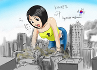 drawing giantess black_hair color destruction clothed rampage tube_top all_fours korea_gts