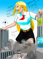 breasts drawing giantess mega blonde color destruction rampage skirt angry yellow_eyes uniform tie shirt belt korea claudia korea_gts