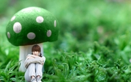 collage clothed brunette asian unknown_artist mushroom shrunken_woman outdoors nature looking_at_viewer