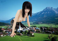 giantess collage buildings topless asian kneeling looking_down grass mountains small_sir