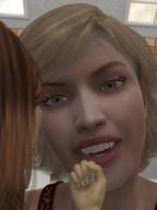 giantess blonde handheld brunette smiling short_hair shrunken_woman digital_render
