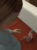 giantess nude multiple_sizes shrunken_men sitting reaching shrunken_woman hiding digital_render