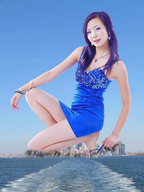 collage city mega destruction water purple_hair asian dress kneeling sandals sky looking_at_viewer