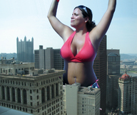 giantess collage cleavage unknown_artist belly skyscraper skyscraper_view arms_raised_above_buildings