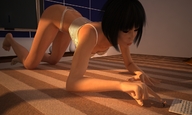 feet black_hair barefoot crawling hand shrunken_man push digital_render lingeriepoke