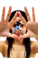 gentle collage black_hair long_hair green_eyes unknown_artist shrunken_men hand looking_at_viewer ]smiling hold_on