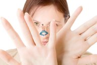 collage handheld finger green_eyes brunette unknown_artist shrunken_men hand point_of_view looking_at_viewer hold_on