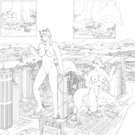 breasts drawing giantess nude furry tail city monochrome destruction buildings soles building_sex kneeling foot_crush airplane giantesses airport under_foot carex foot_prints