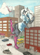 drawing giantess white_hair furry city color destruction handheld buildings helicopter people vehicles pantless knee_high_socks vehicle_crush running_away arrowroot