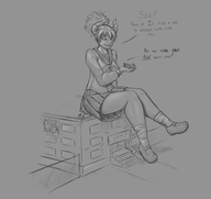 female gentle giantess horns monochrome destruction handheld sitting school demoness uniform women pencil_drawing thetruehentaiaddict