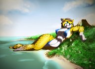 bikini drawing gentle giantess furry color large_breasts swimsuit beach cheetah island lying_down sunbathing xilimyth
