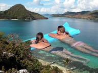 collage swimsuit multiple_giantesses water brunette e10 clouds nature sunny trees inflatable_lilo pony_tails