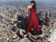 collage city mega black_hair destruction dress unknown_artist skyscraper aerial_view