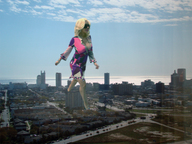 giantess collage city blonde buildings dress unknown_artist walking sunglasses clouds sky