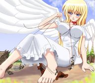 drawing giantess wings blonde color long_hair destruction toes barefoot anime dress horse unknown_artist sitting foot_crush rope under_foot source_needed white_angel ropes wagon_crush