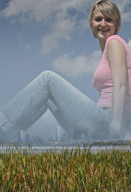 collage city mega blonde buildings jeans smiling short_hair sitting grass clouds sunny top looking_at_viewer