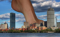 collage city mega barefoot water buildings unknown_artist sky giantess_feet distant_view