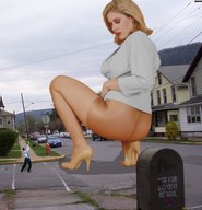 giantess collage blonde high_heels shrunken_men nylons vehicles cf neighborhood elise squatting_in_street looking_at_tiny