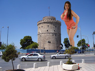giantess collage black_hair long_hair cleavage buildings huge_breasts looking_down streets vehicles daphne_rosen structure gradiusgadwin thesalloniki_greece see_through_lingerie