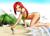 drawing giantess color beach ocean red_hair shrunken_woman sand trees korea_gts hand_and_knees pmpz looking_at_tiny