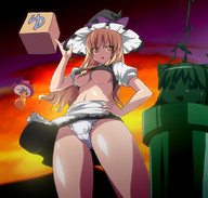 drawing giantess panties size_difference upskirt blonde color large_breasts long_hair crossover touhou yellow_eyes unknown_artist underboob mushroom parody outdoors hat super_mario_bros looking_at_viewer source_needed marisa_kirisame reimu_hakurei