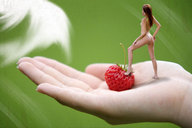 nude handheld brunette shrunken_woman fruit