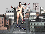 breasts giantess nude city color handheld barefoot buildings helicopter police foot_crush running hand_crush streets vehicles digital_render
