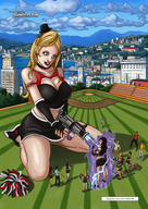 giantess city blonde large_breasts cheerleader growth_ray outdoors earing giantessfan nose_ring american_flag