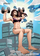 drawing giantess city comic color swimsuit destruction barefoot helicopter muscles giantessfan dumbbells overhead_press