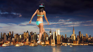 giantess collage city black_hair swimsuit skyscraper docop water_front behind_view baseball_cap