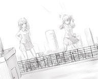 female buildings anime uniform fighting giantesses women pencil_drawing
