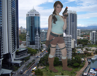 collage city brunette smiling shorts boot_crush looking_at_viewer guns