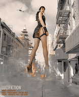 collage city destruction high_heels helicopter brunette fishnets looking_at_viewer